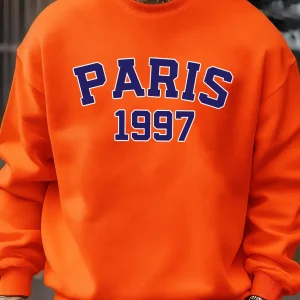 Paris 1997 Street City Letter Printed Pullover Men Autumn Warm Sweatshirt Loose Fleece O-Neck Clothing Soft Casual Streetwear